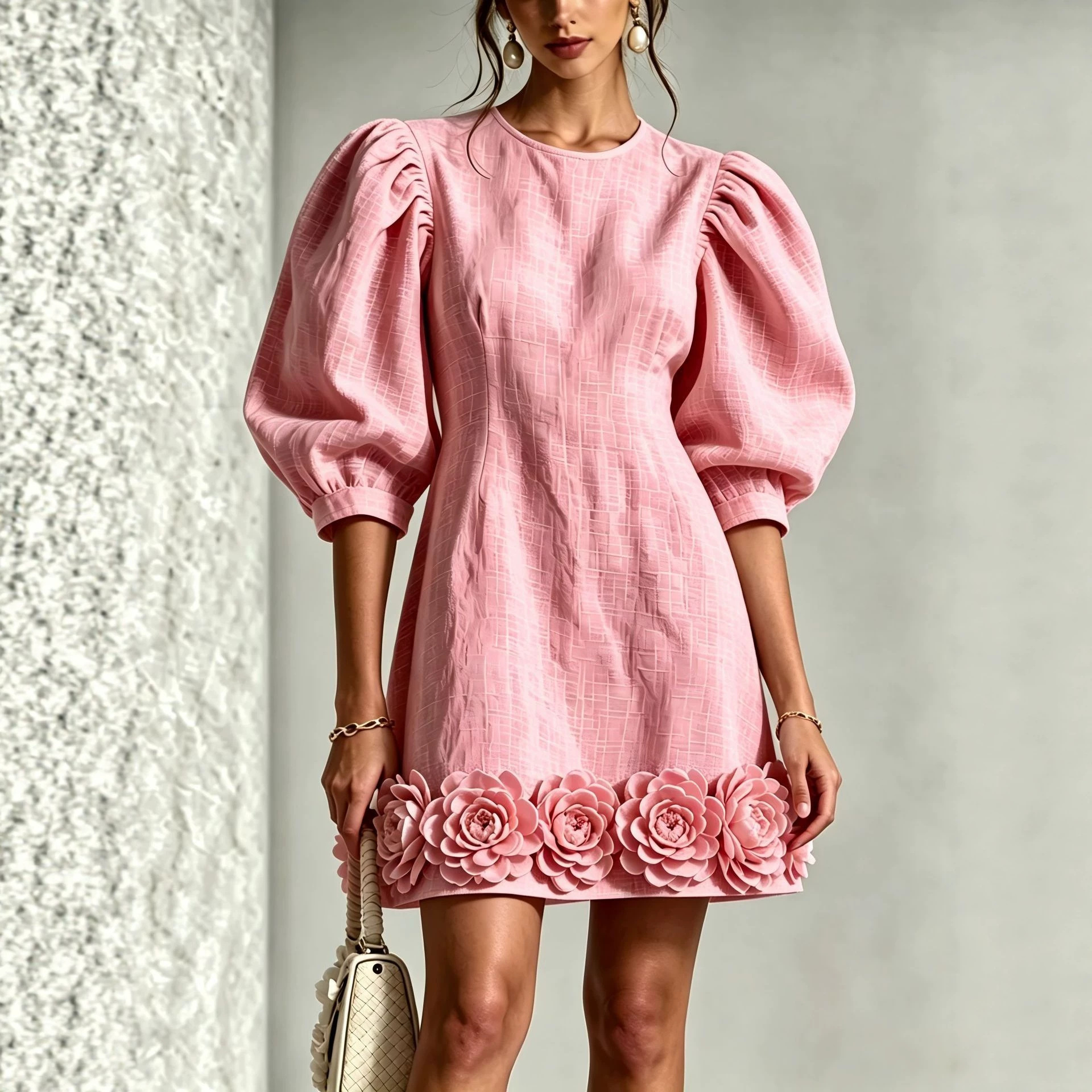 3D Floral French Puff Sleeve Midi Dress