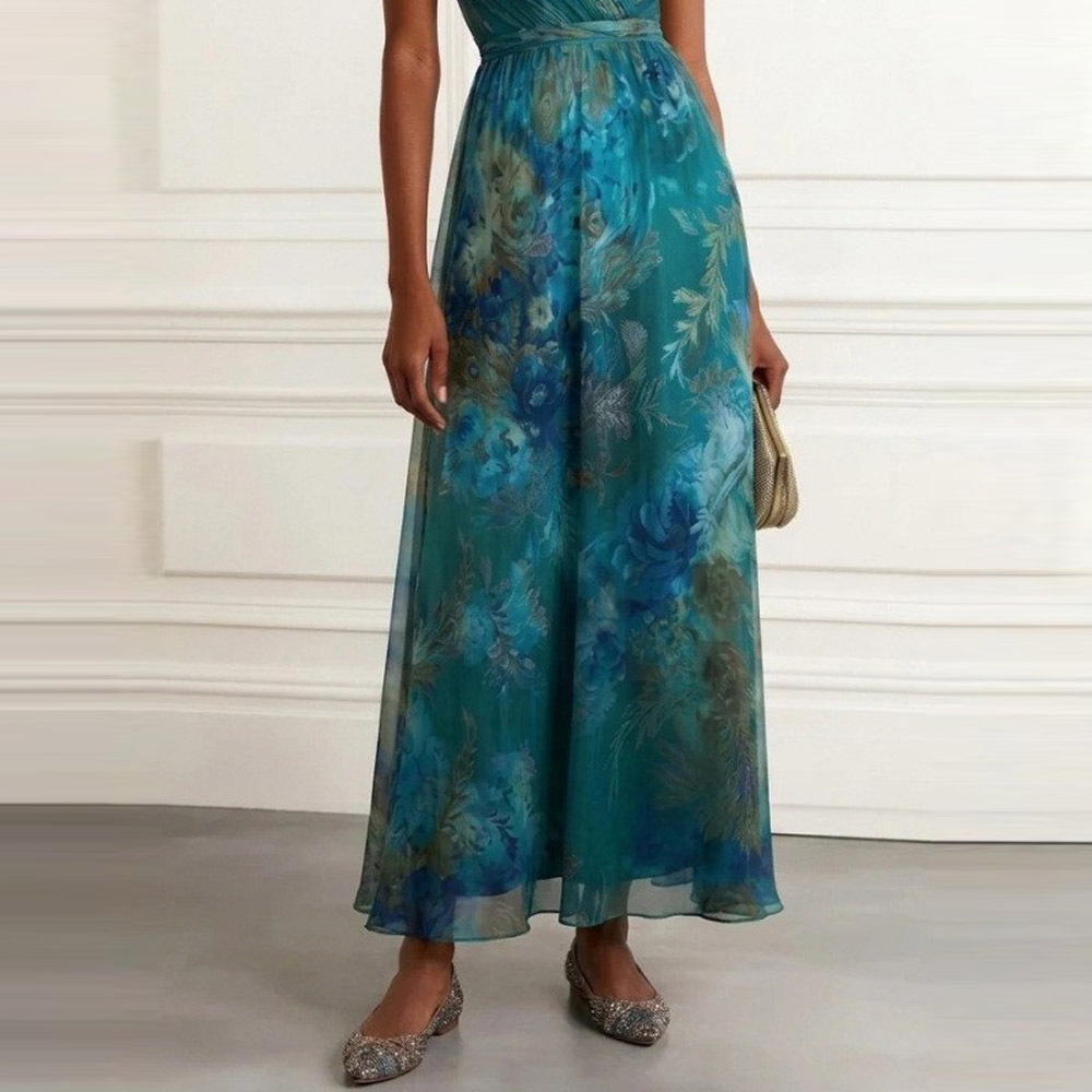 V-Neck Printed Waist-Cinched Sleeveless Long Dress