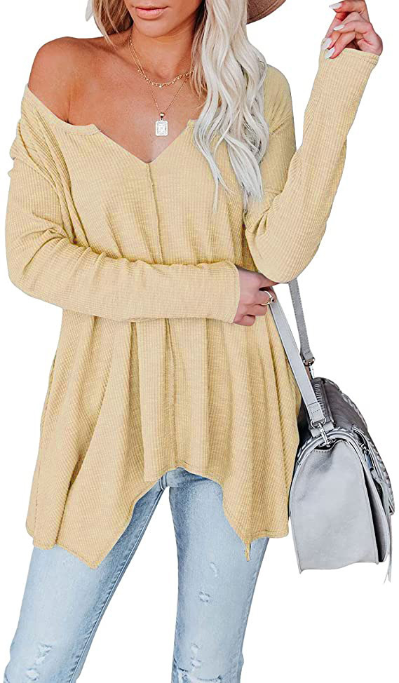 Women's Solid Color V-Neck Pullover Knit Top Long Sleeve Loose Fit