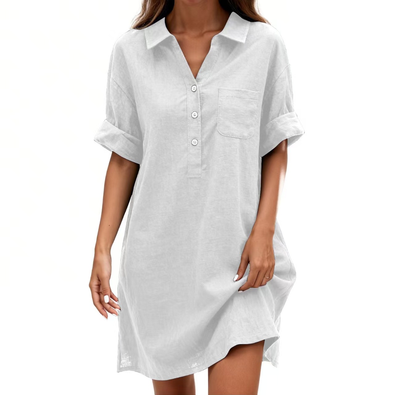 Women's Cotton Short Sleeve Midi Dress with Small Lapel Collar