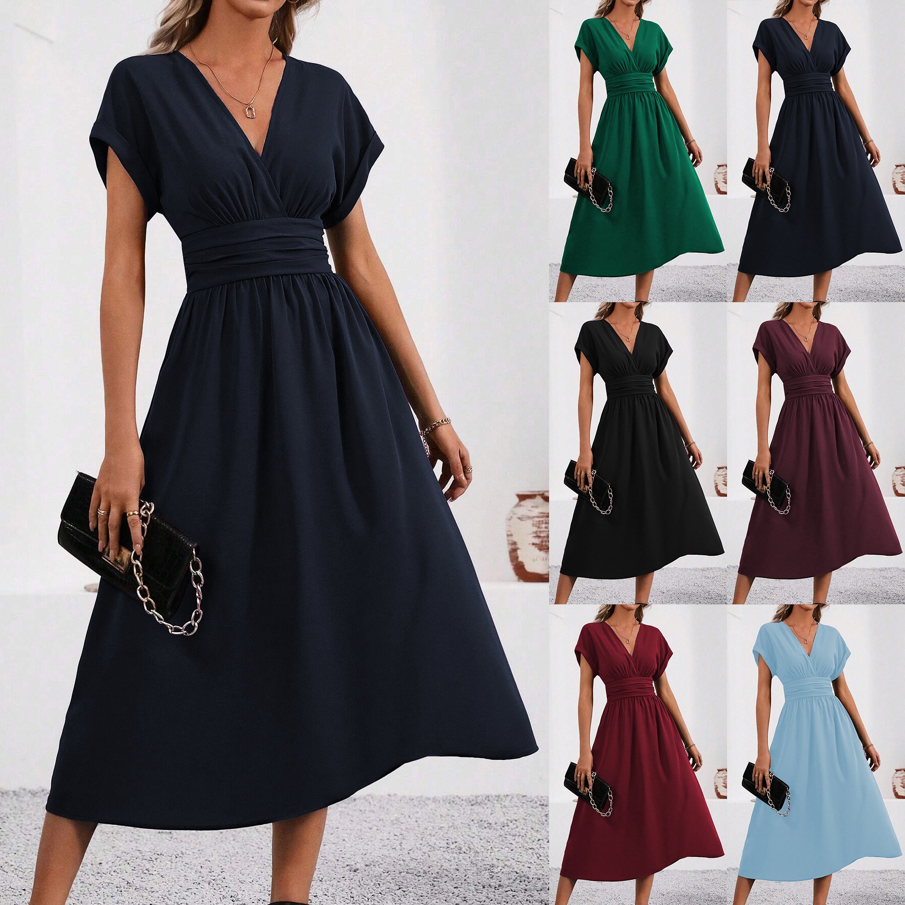 Women's Solid Overlap V-Neck Batwing Sleeve Ruched Waist Long Dress