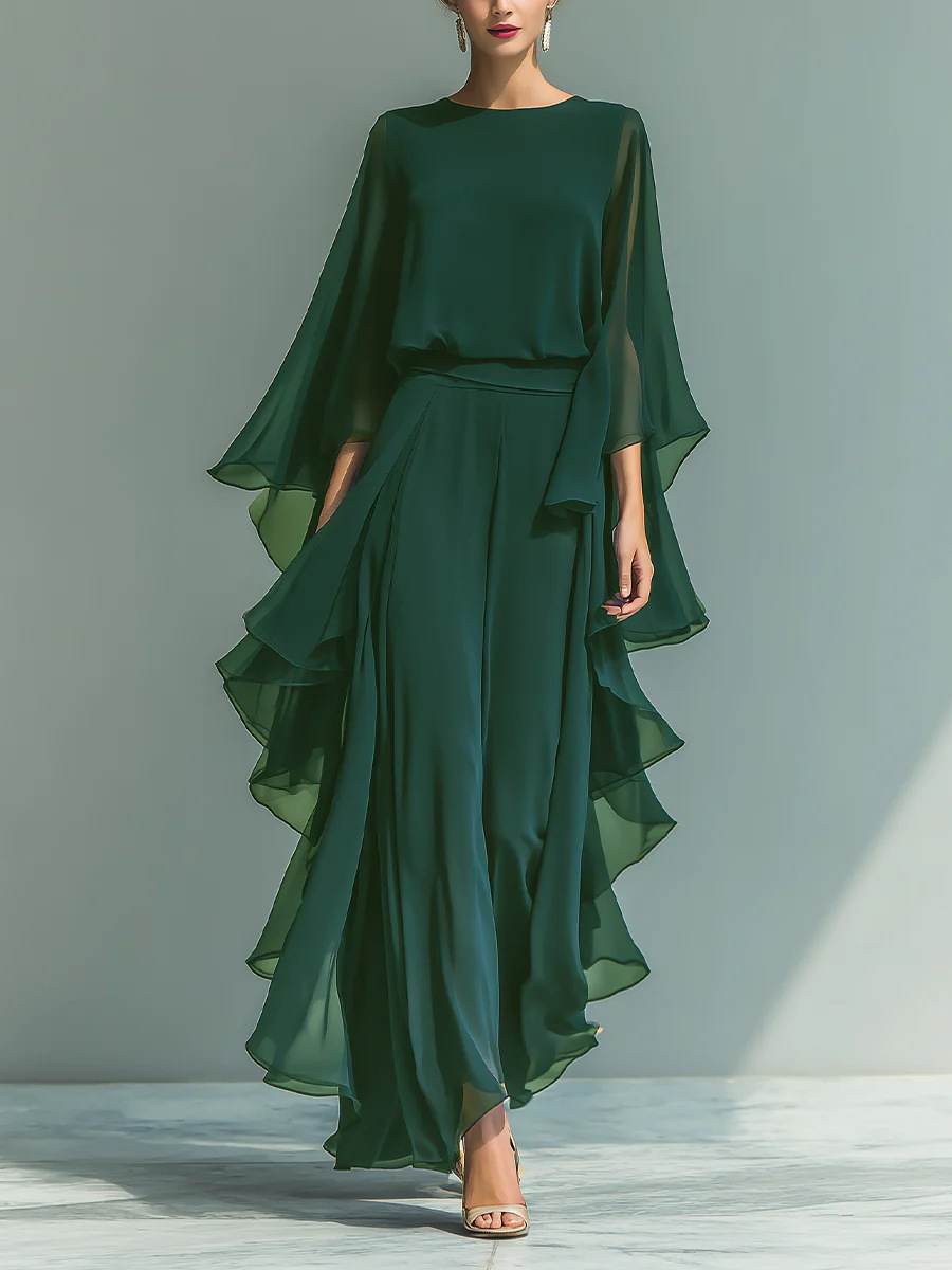 Women's Navy Chiffon Top & Straight-Leg Pants Set with Flared Sleeves and Ruffle