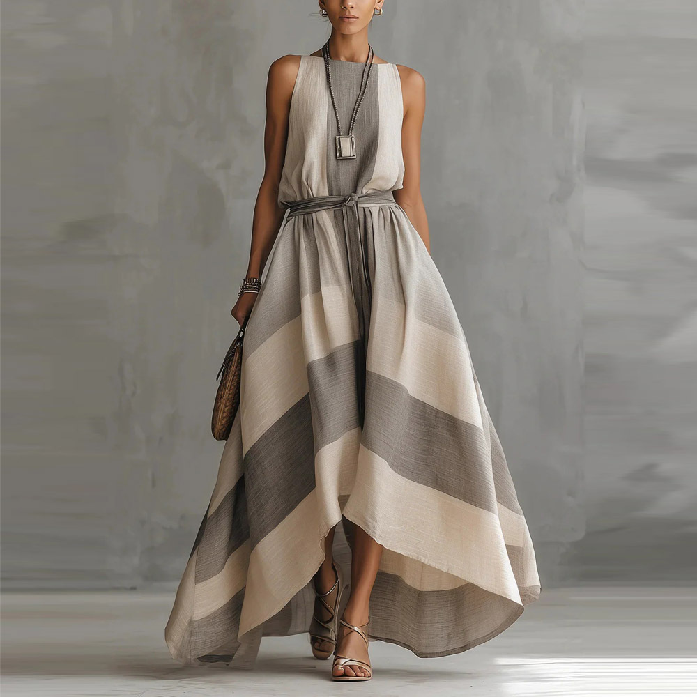 Sleeveless Striped Tie-Waist Maxi Dress