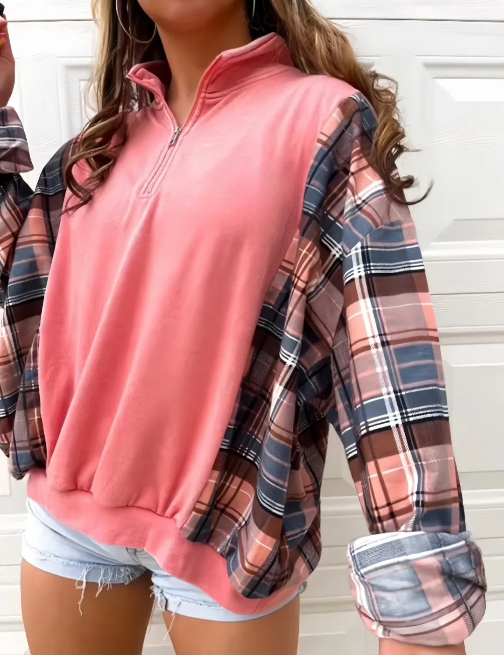 Women's Retro Plaid Half-Zip Collared Long-Sleeve Colorblock Sweatshirt