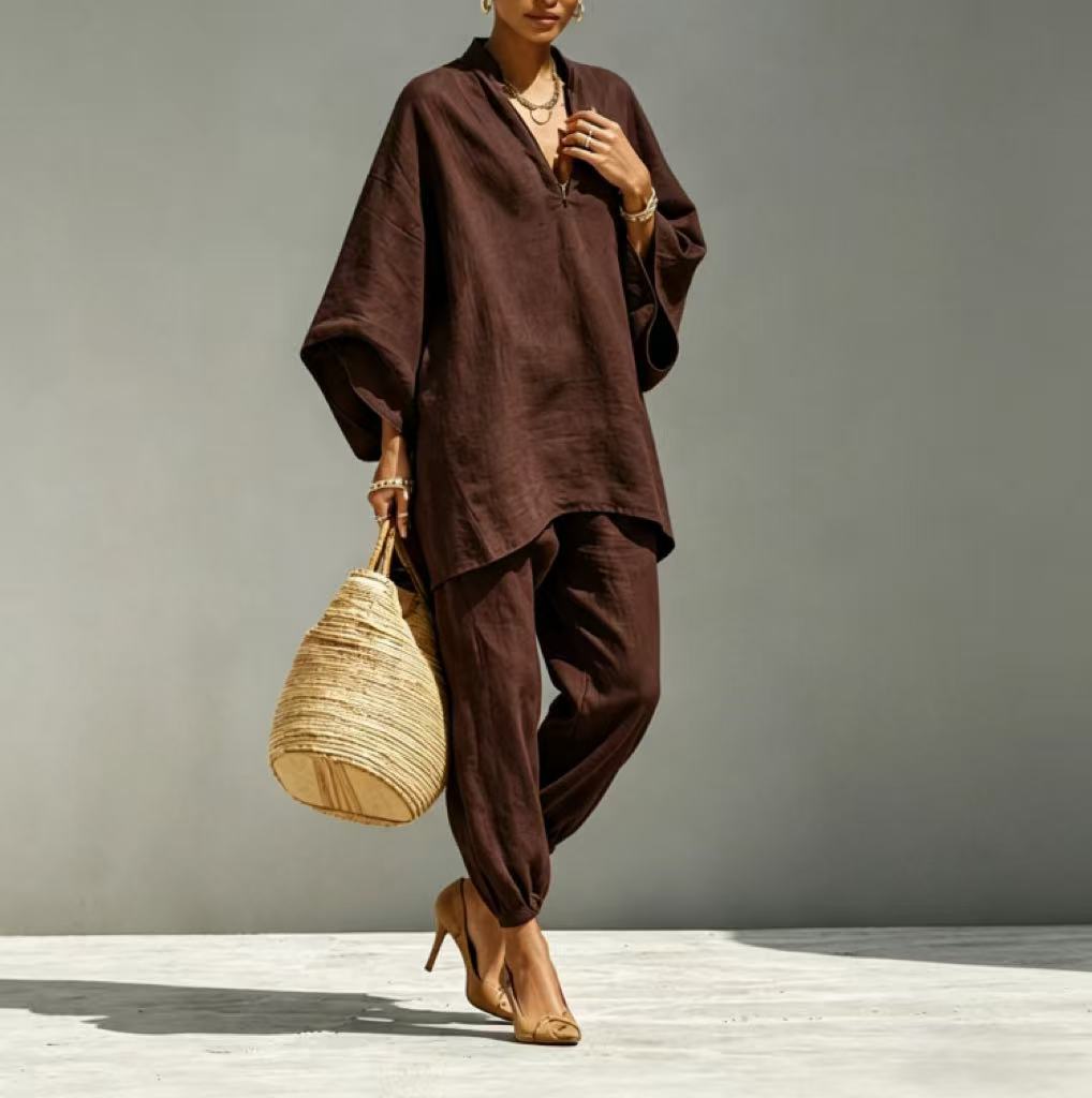 Women's Casual Batwing Sleeve V-Neck Loose Two-Piece Set