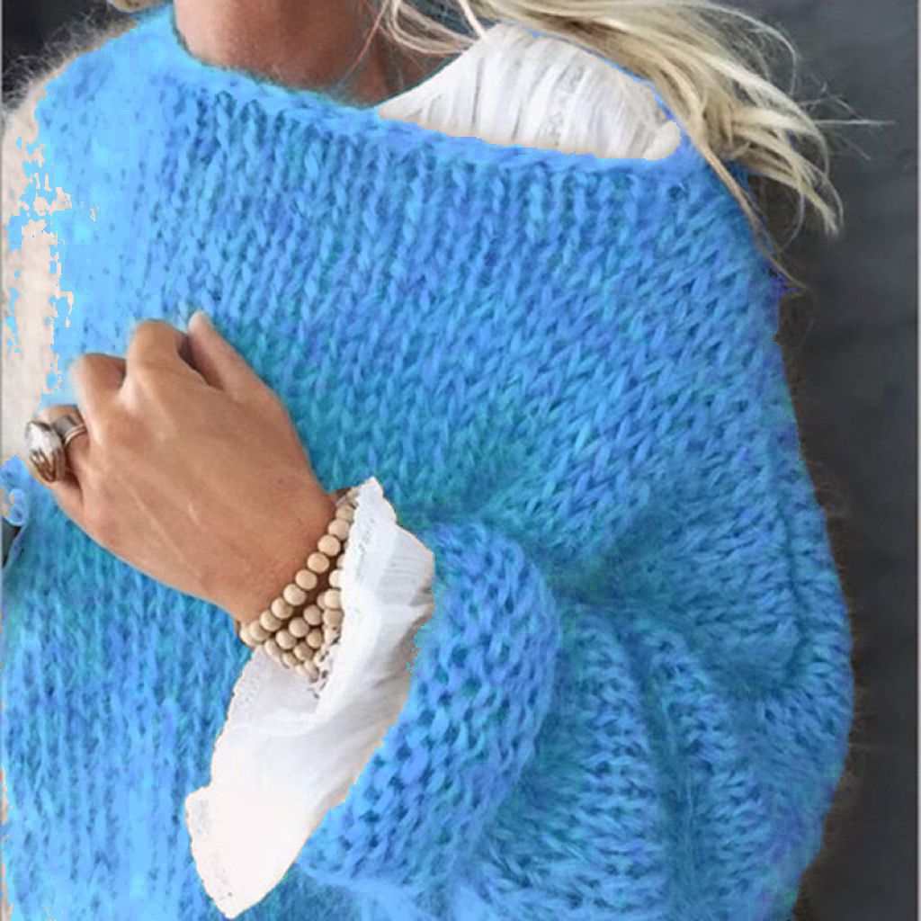 Faux Mohair Pullover Sweater Women's Crewneck Long Sleeve Solid Color Knit Top