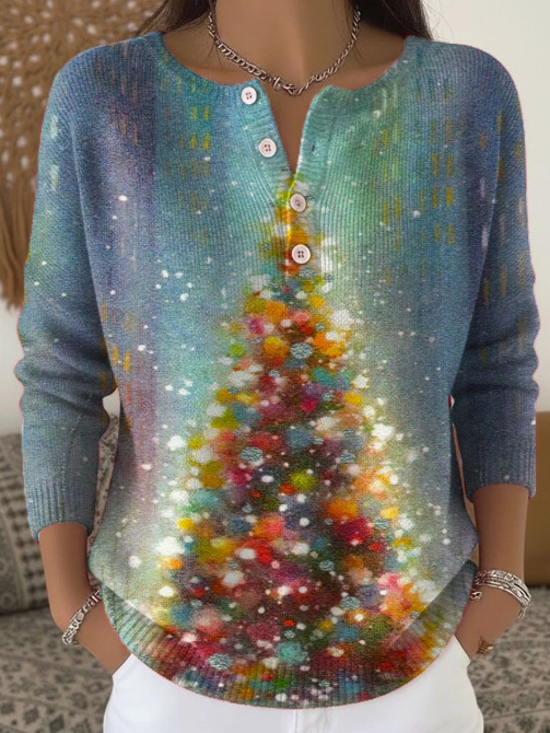 Women's Christmas Dinosaur Forest Print Button Sweatshirt