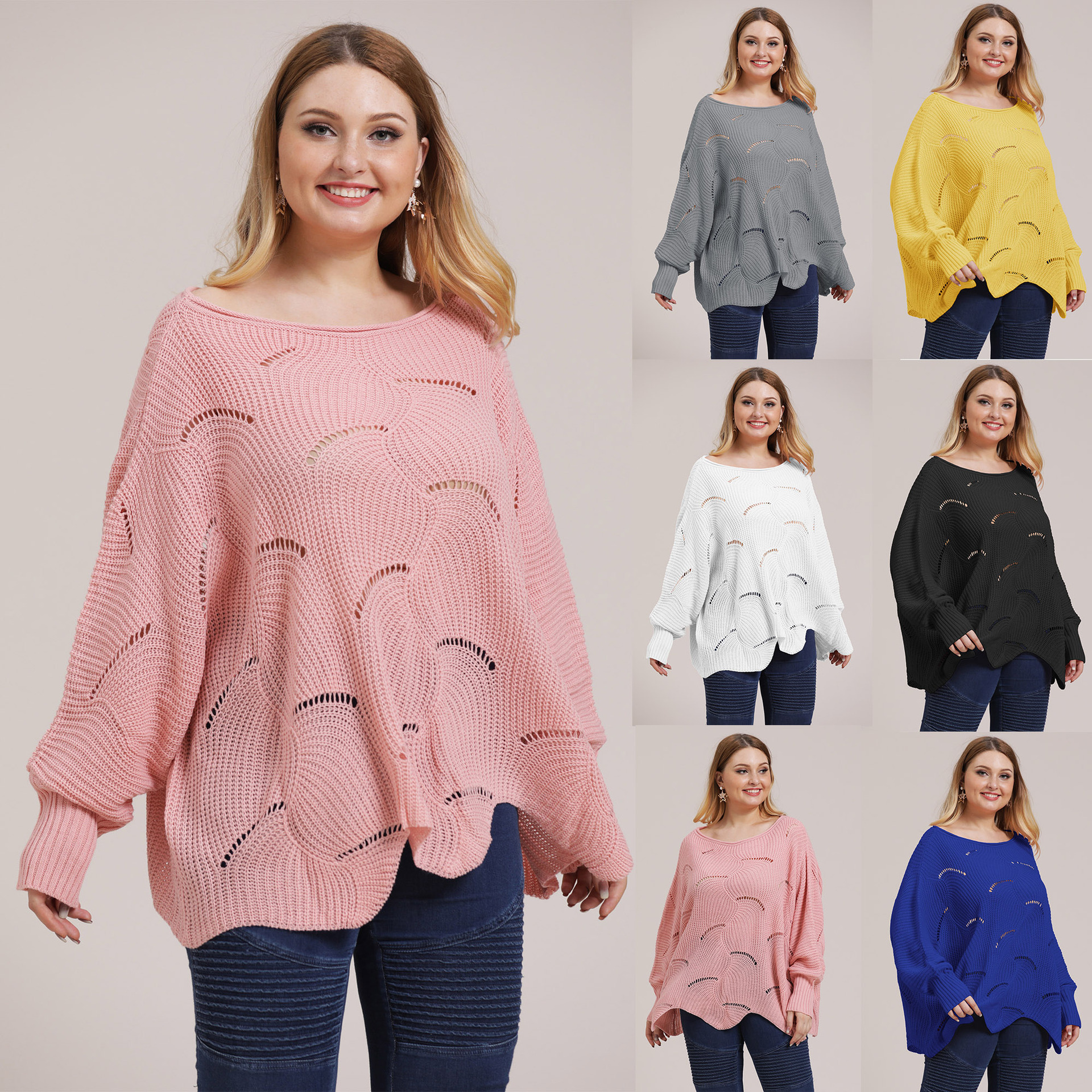 Plus Size Women's Irregular Batwing Sleeve Hollow Out Knit Sweater