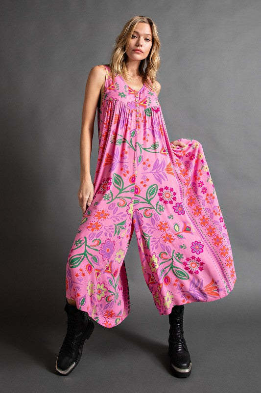 Retro Floral Print Loose Sleeveless Jumpsuit
