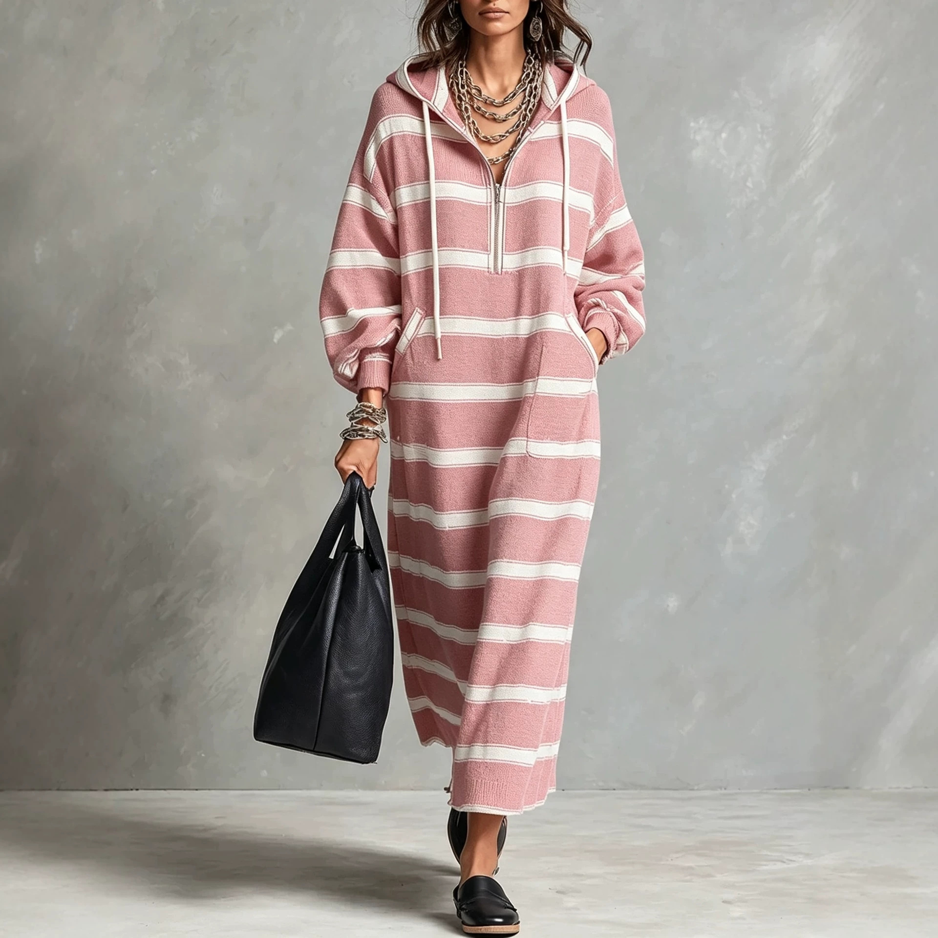 Hooded Half-Zip Loose Plus-Size Print Long Sweatshirt Dress