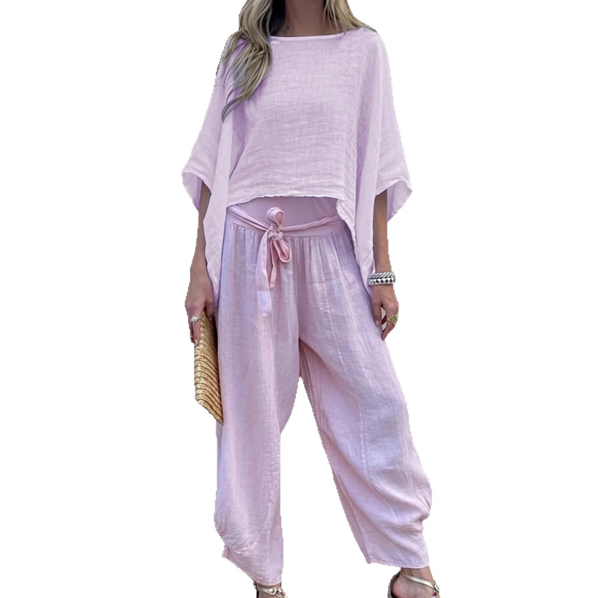 Women's Solid Color Tie Shirt and High-Waist Straight-Leg Pants Set