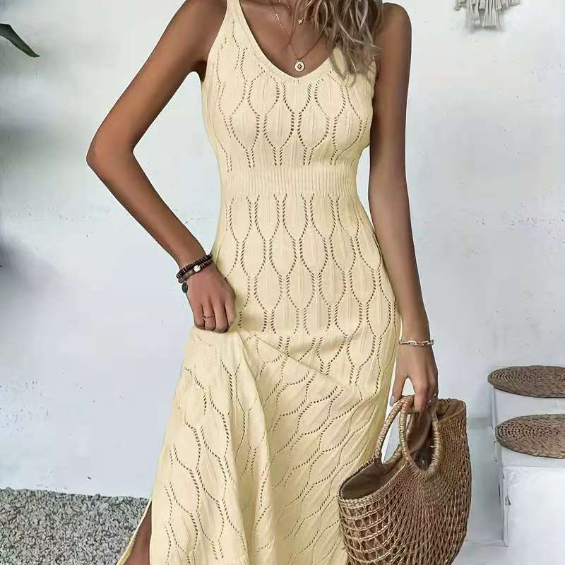 Women's Sleeveless V-Neck Hollow-Out Knit Beach Dress