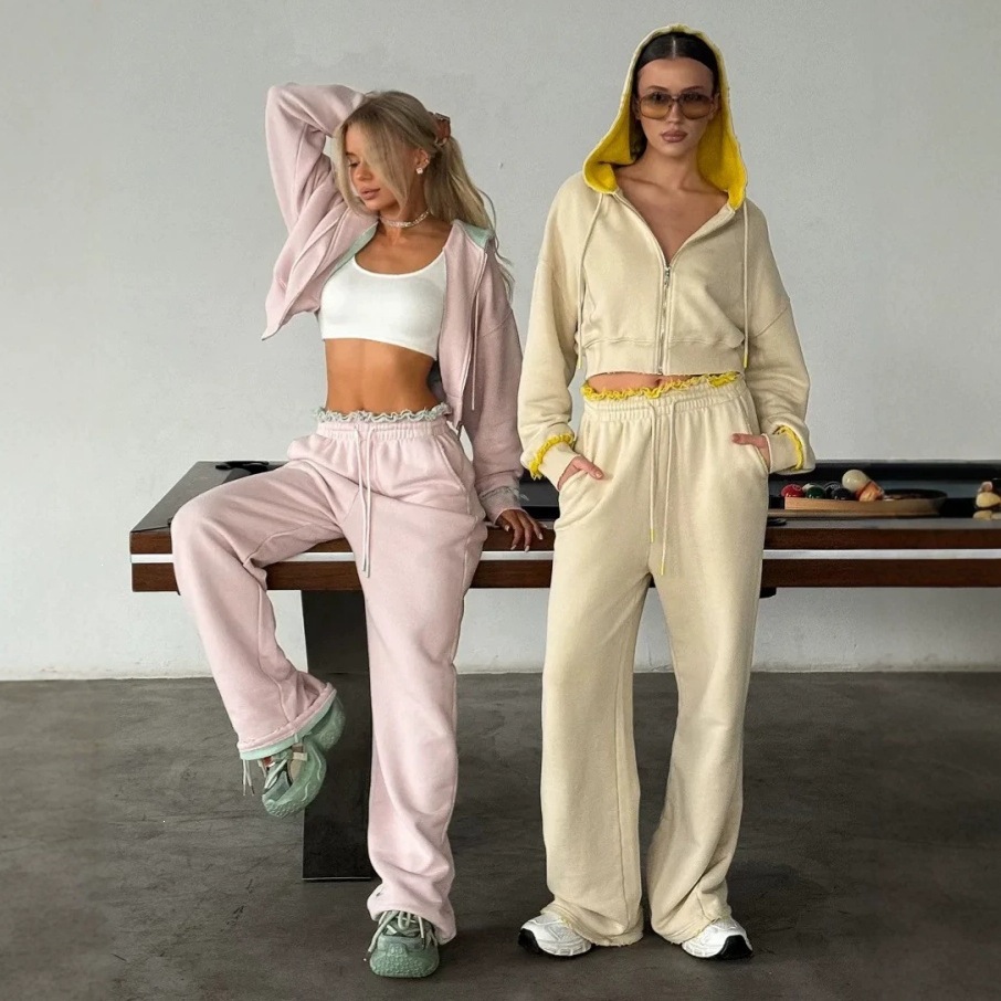 Color-Block Faux Fur Trim Long Sleeve Jacket and Tie-Waist Pants Set