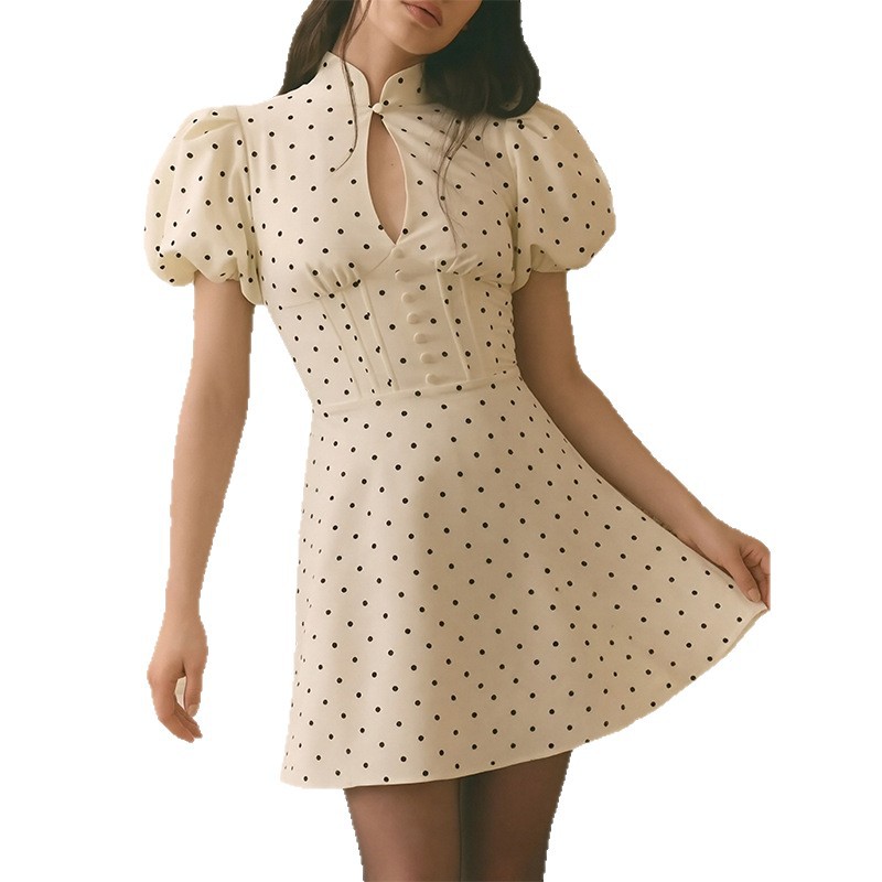 Elegant Polka Dot Cutout Puff Sleeve Dress