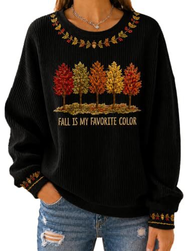 Women's Tree & Maple Leaf Print Crewneck Sweatshirt Casual Pullover