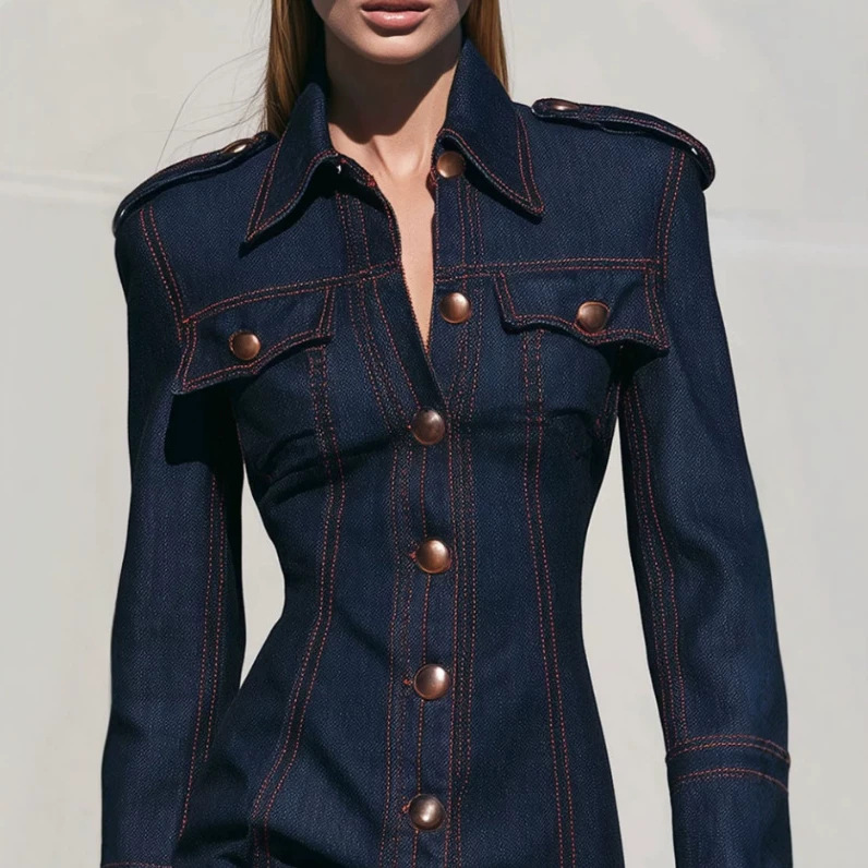 Retro Blue Denim Long-Sleeve Mini Shirt Dress