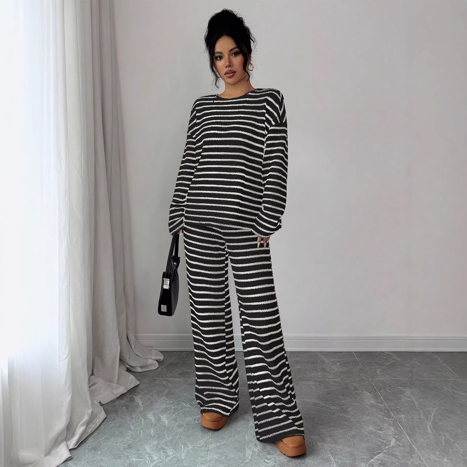 Women's Striped Lounge Set Long Sleeve Crewneck Tee and Pants