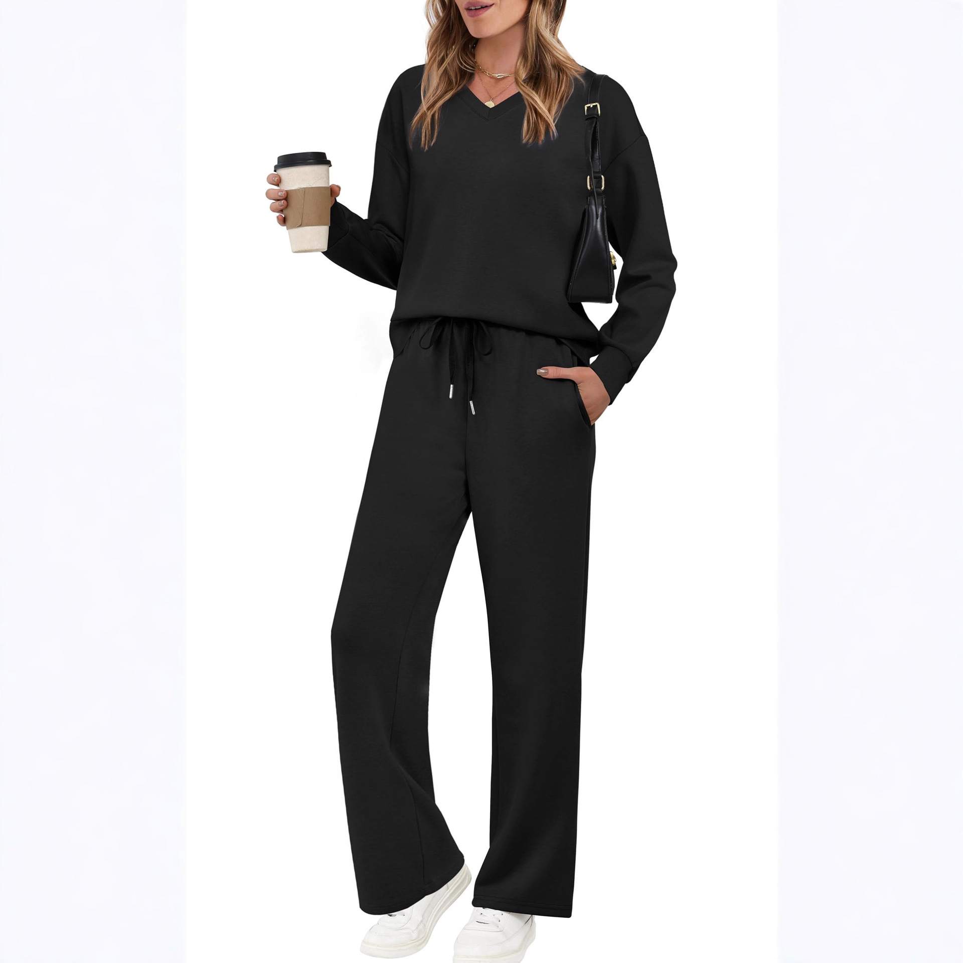 Women's Long Sleeve Drawstring Solid Color Casual Pants Set