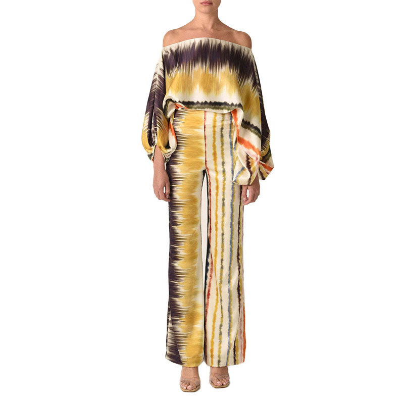 Women's Printed Batwing Sleeve Cinched Waist Wide-Leg Pants Set