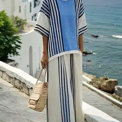 Striped Print Color-Block Mid-Sleeve Round Neck Top and Straight Pants Casual Set