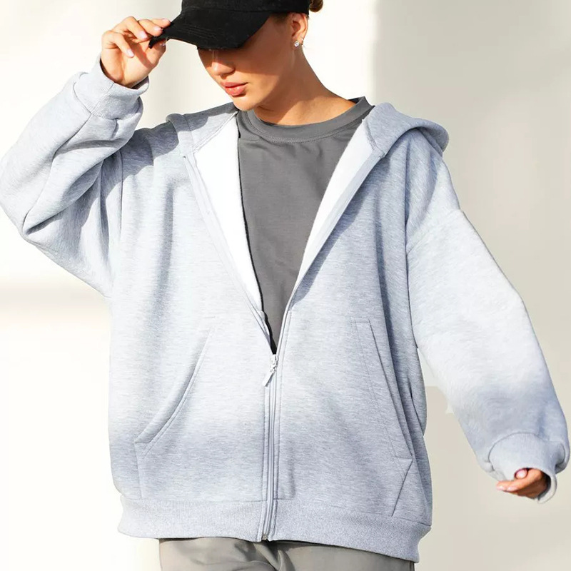 Solid Color Loose Fit Long Sleeve Zip-Up Hooded Sweatshirt Cardigan for Women