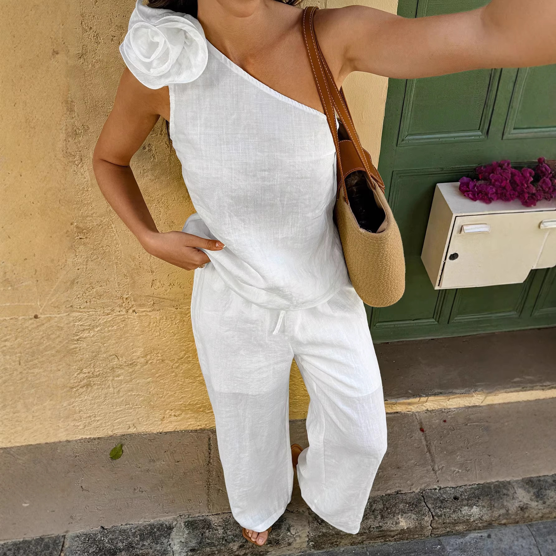 Women's One-Shoulder Sleeveless Fitted Top and Wide-Leg Pants Set