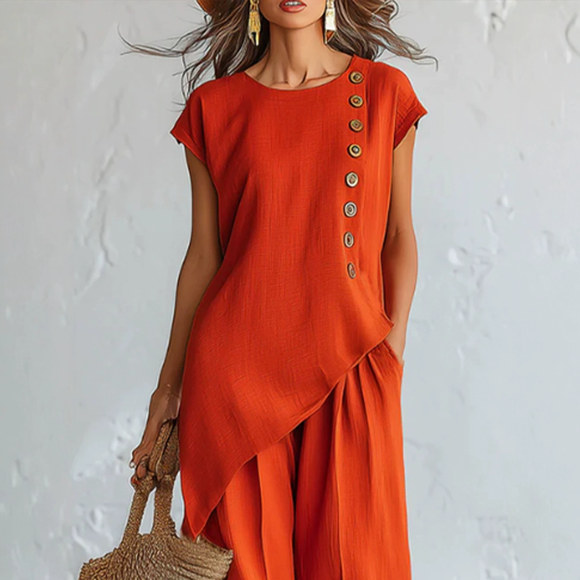 Women's Cotton-Linen Two-Piece Set with Sleeveless Top and Pants