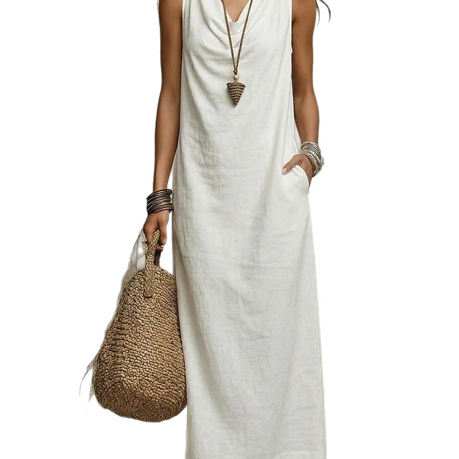 Women's Cowl Neck Loose Pocket Casual Dress Sleeveless