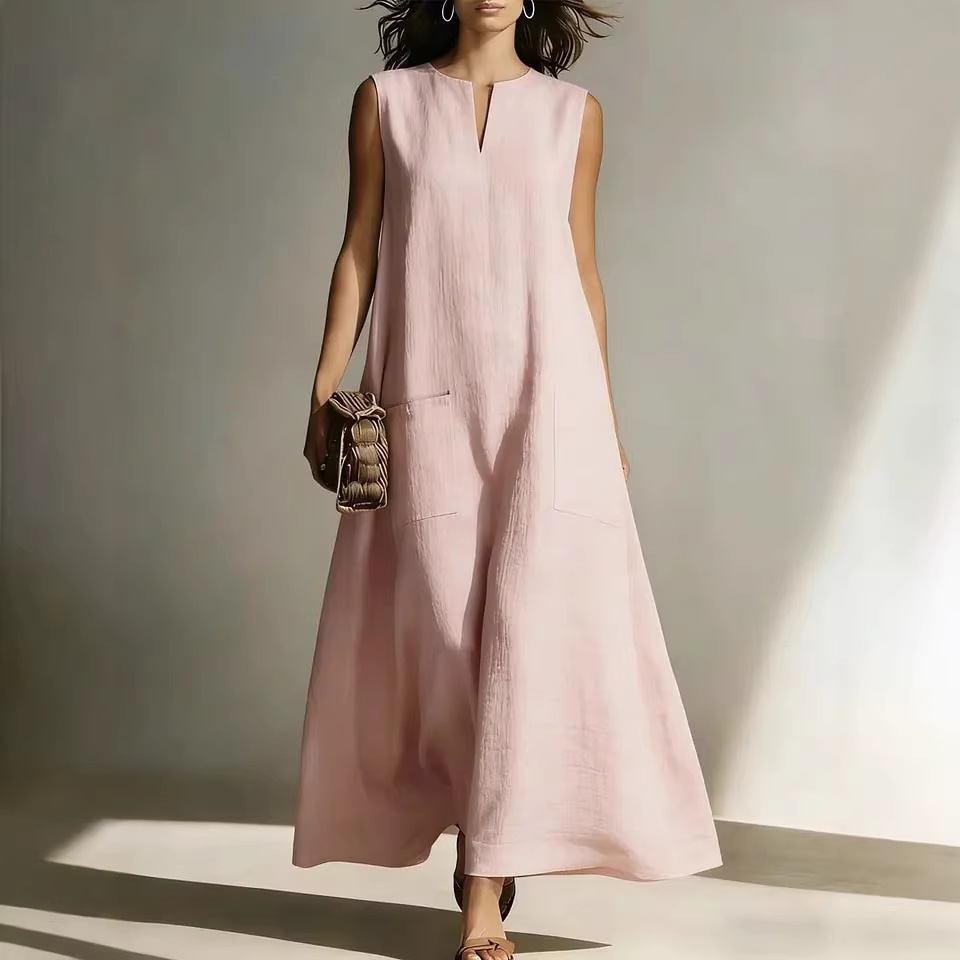 Women's Sleeveless Cotton-Like Linen A-Line Midi Dress