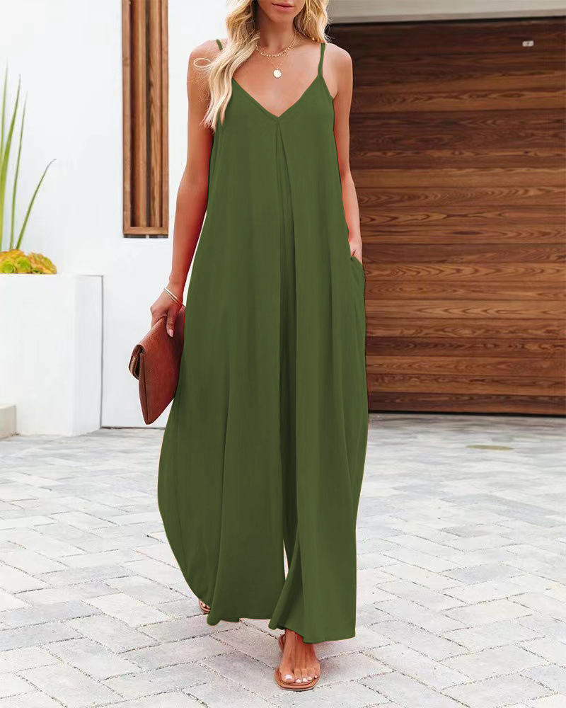 Women's Sleeveless Wide-Leg Jumpsuit with Pockets Solid Color