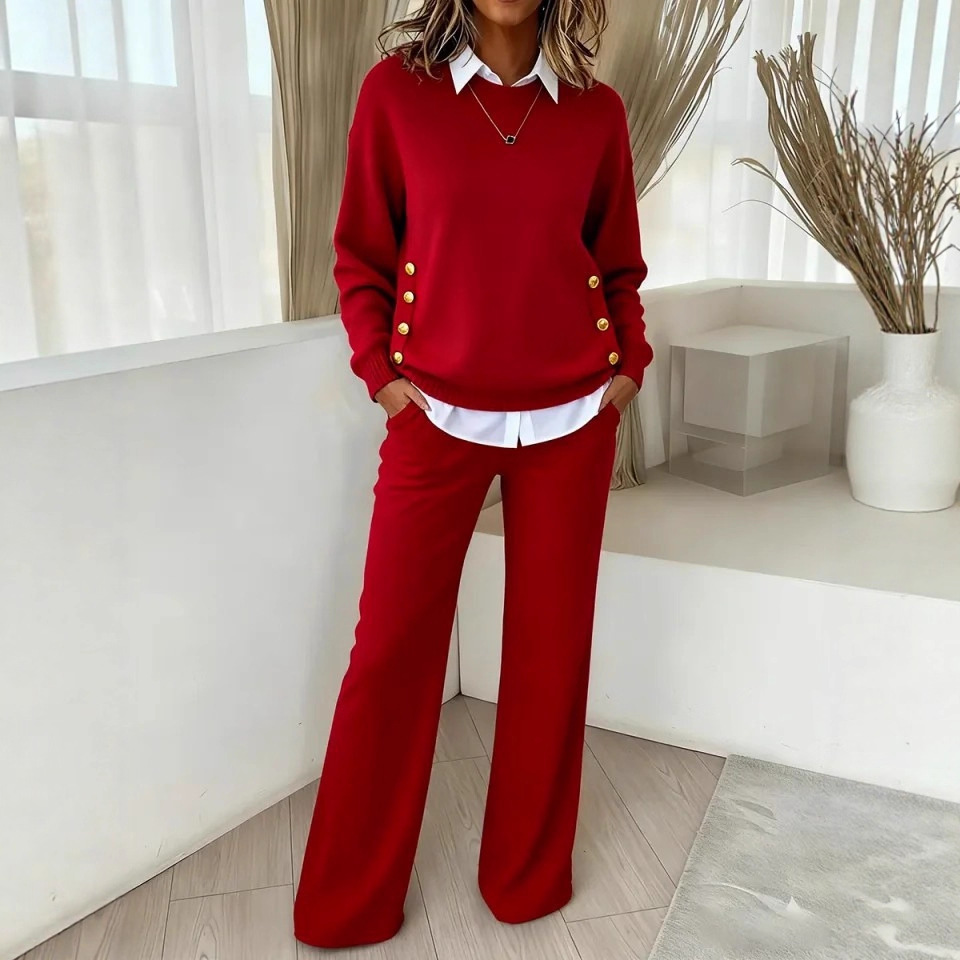 Button-Detail Faux-Layer Sweatshirt Set