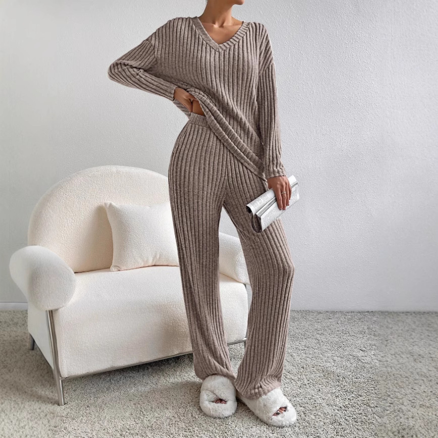 Women's Casual Straight-Leg Ribbed V-Neck Pant Set