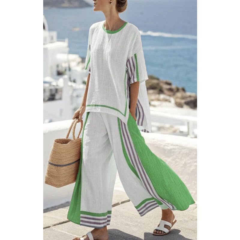 Bohemian Print Crewneck Short Sleeve Top and Pants Casual Set