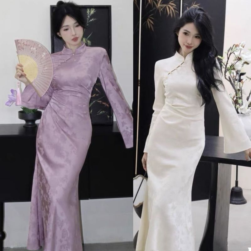 New Chinese Style Women's Improved Qipao Dress with Purple Frog Buttons