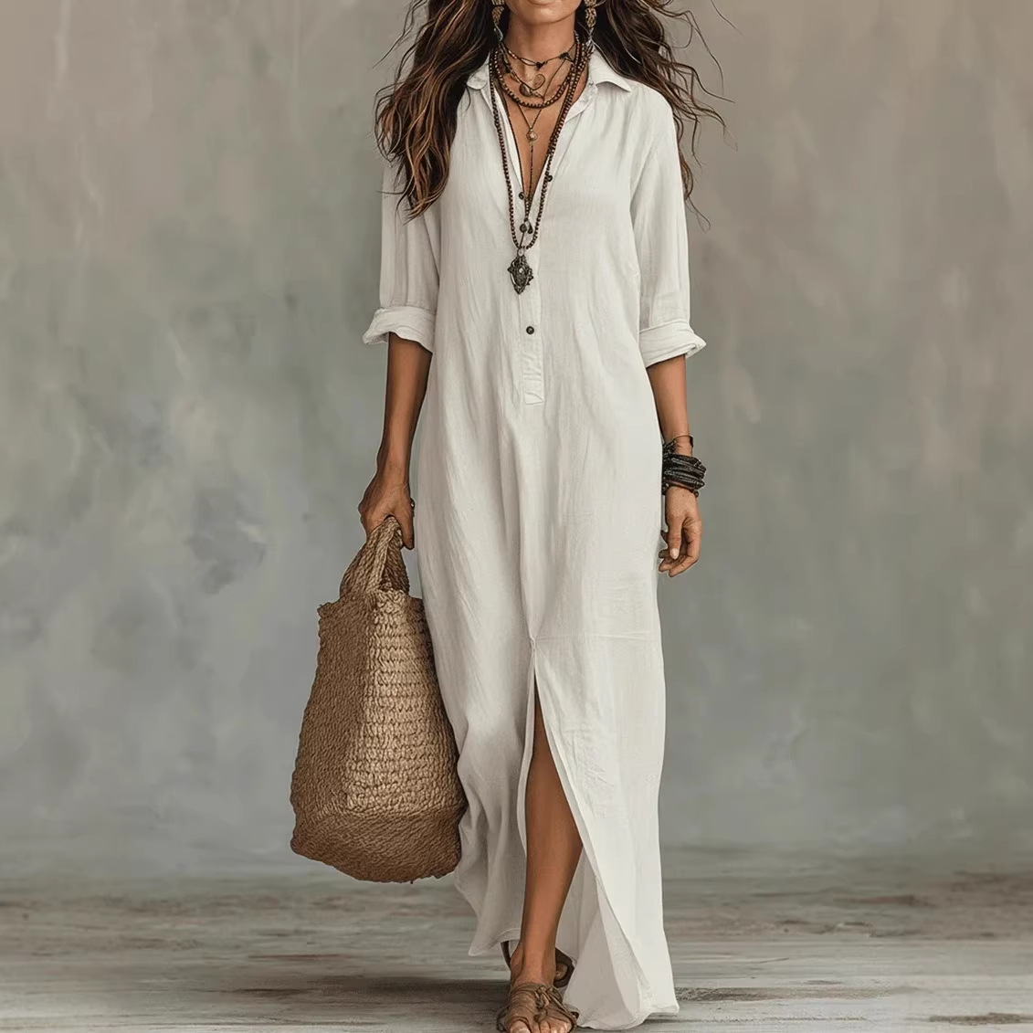 V-Neck Linen-Blend Cardigan Dress with Slit
