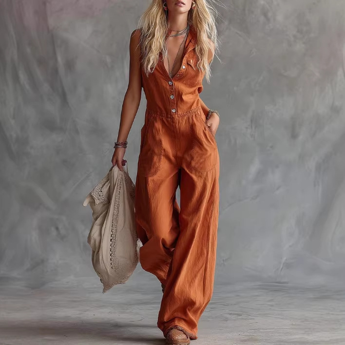 Western V-Neck Button-Front Sleeveless Linen Jumpsuit