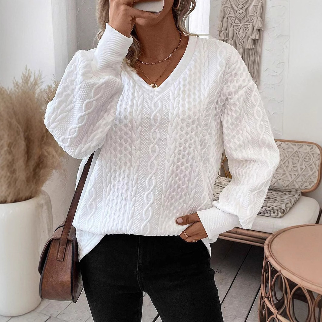 Women's Casual Solid Color Warm Loose Long Sleeve V-Neck T-Shirt