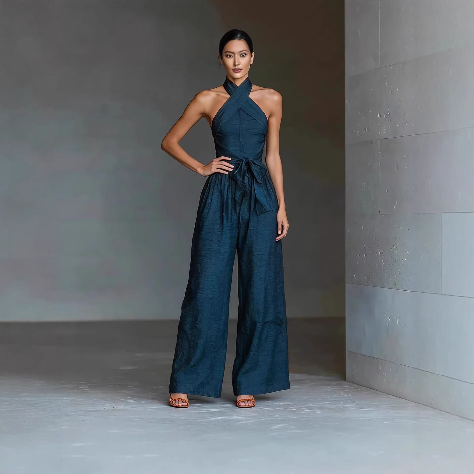 Women's Elegant One-Shoulder Wide-Leg Jumpsuit with Waist Bow