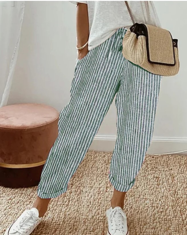 Striped Casual Pants Women Loose Elastic Waist