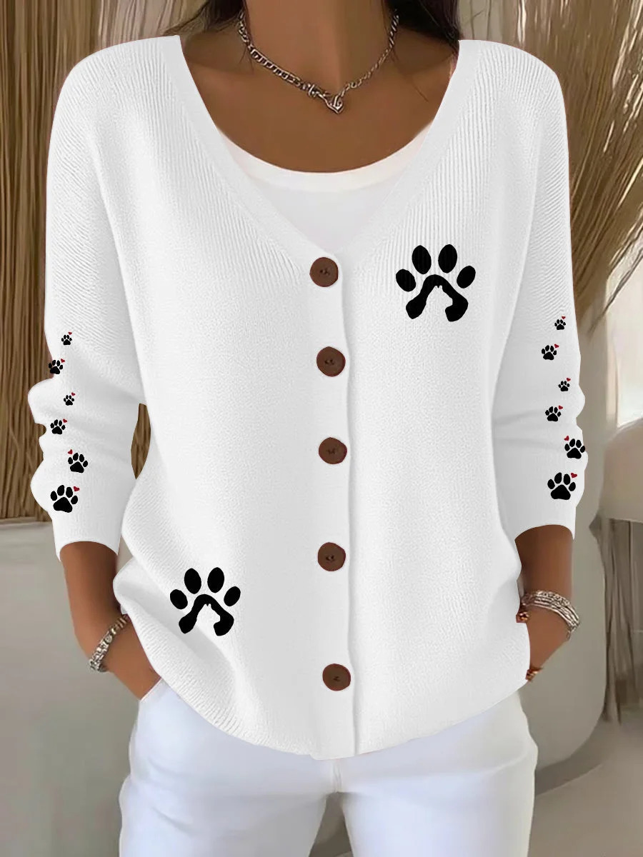 Women's Pet Print Ribbon Ghost Button Cardigan Sweater