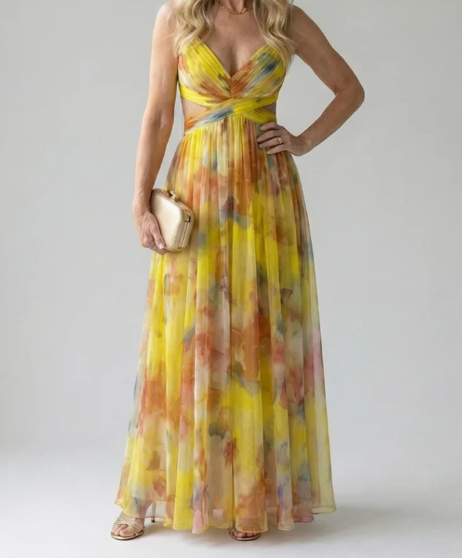 Digital Print Chiffon Long Dress with Cinched Waist