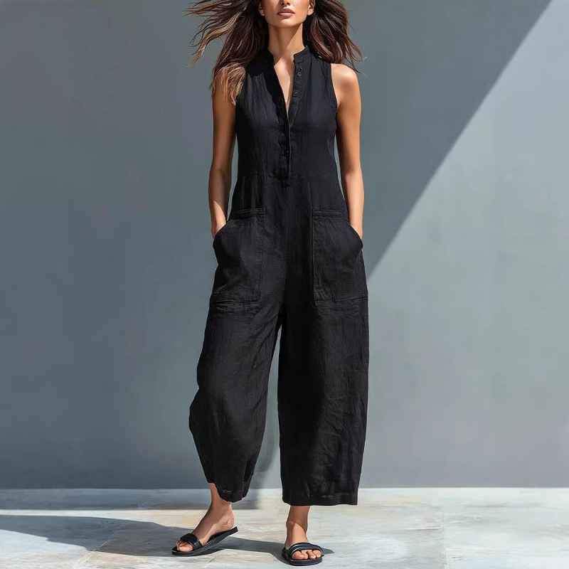 Women's Casual Sleeveless Stand Collar Pocket Jumpsuit