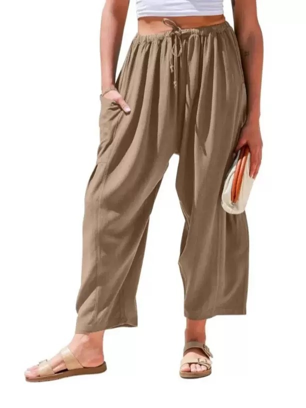 Women's Cotton-Linen Straight-Leg Cropped Pants with Elastic Waist and Pleats, Breathable Casual