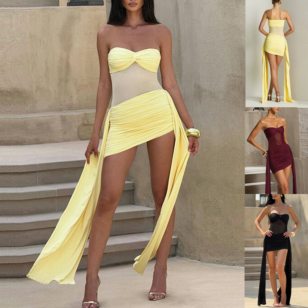 Women's Summer Mesh Panel Strapless Bodycon Dress with Ribbon Accent