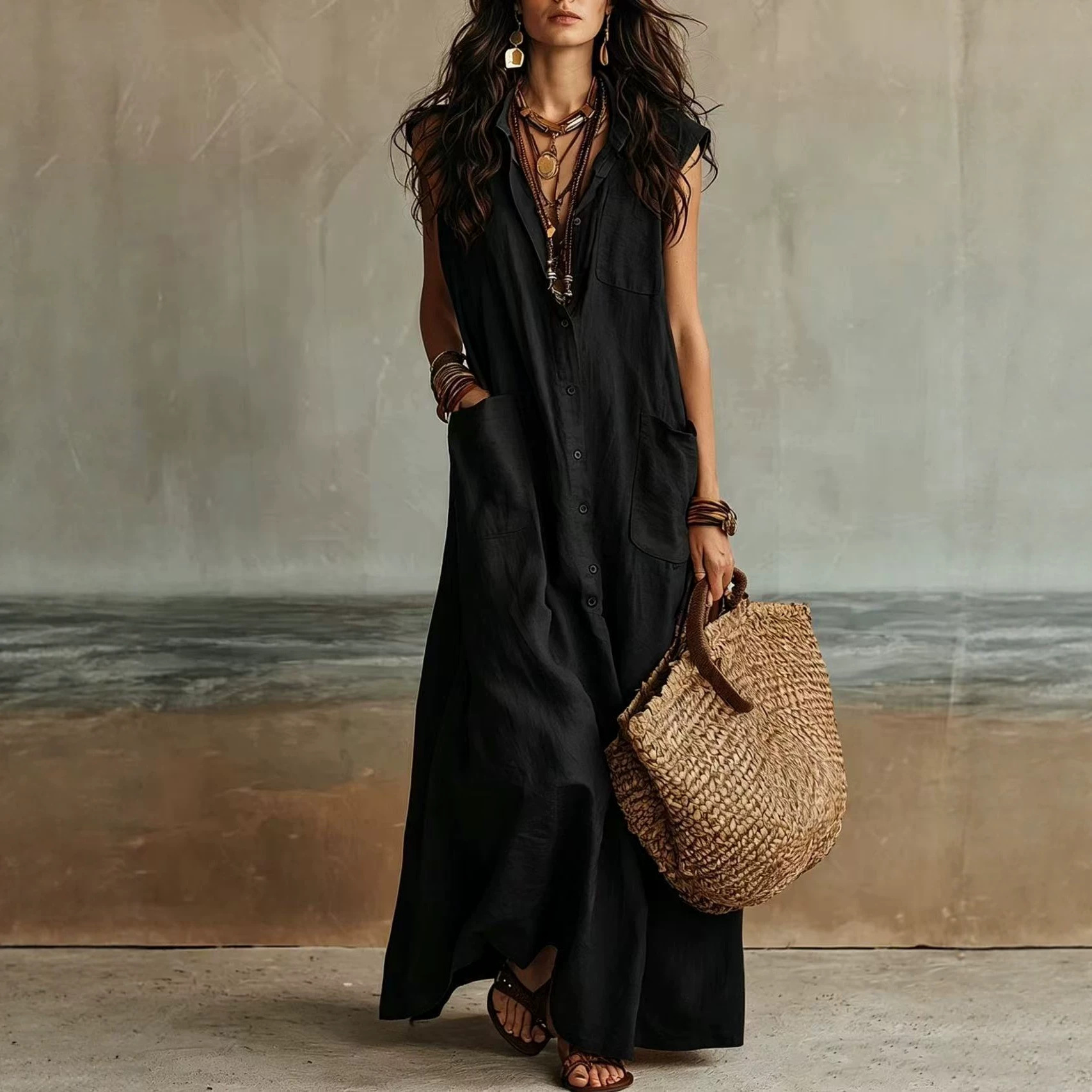 Off-Shoulder Boho Shirt Dress Loose Fit Long