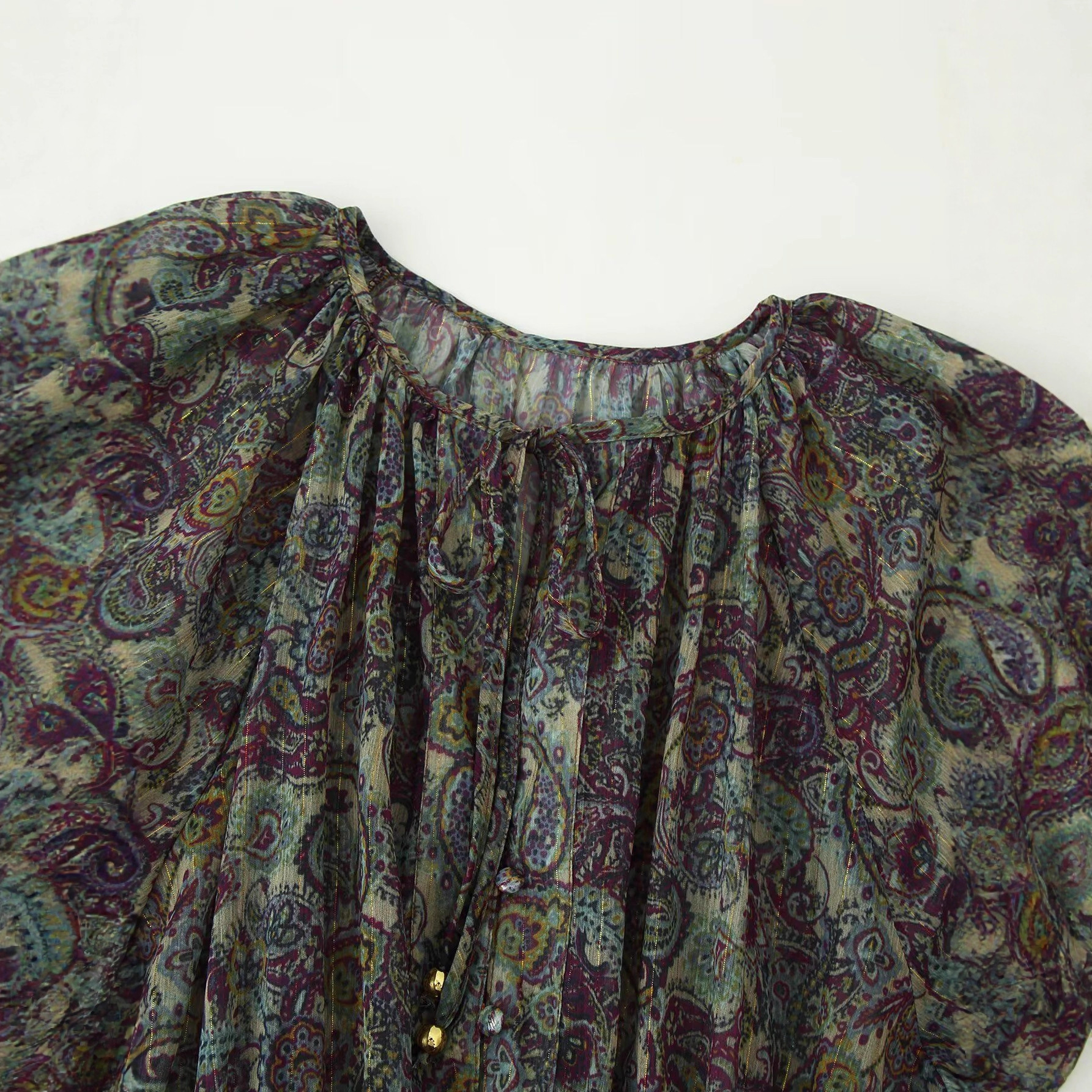 Metallic Floral Print Mini Dress with Long Sleeves and High Waist