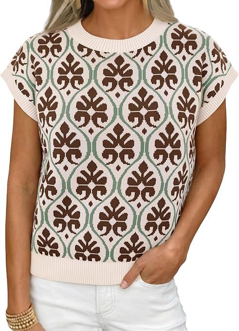 Women's Floral Knit Short Sleeve Sweater Vintage Crew Neck Loose Summer Pullover