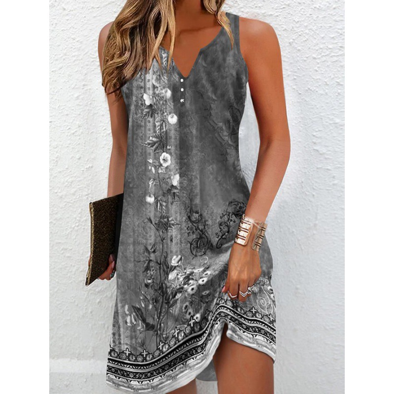 Women's Floral Print Single-Breasted A-Line Sleeveless V-Neck Dress