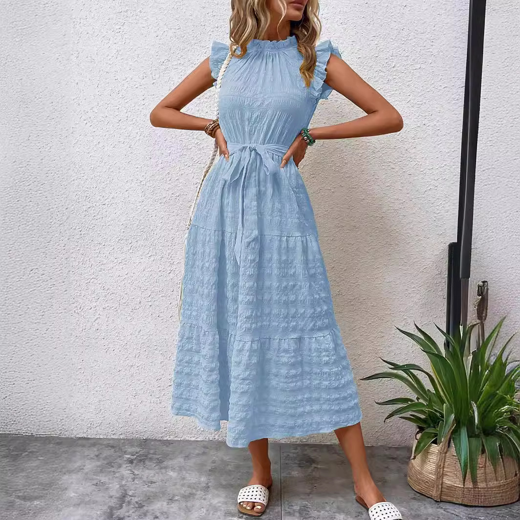 Women's Summer Ruffle Trim Flutter Sleeve Tie Textured Dress