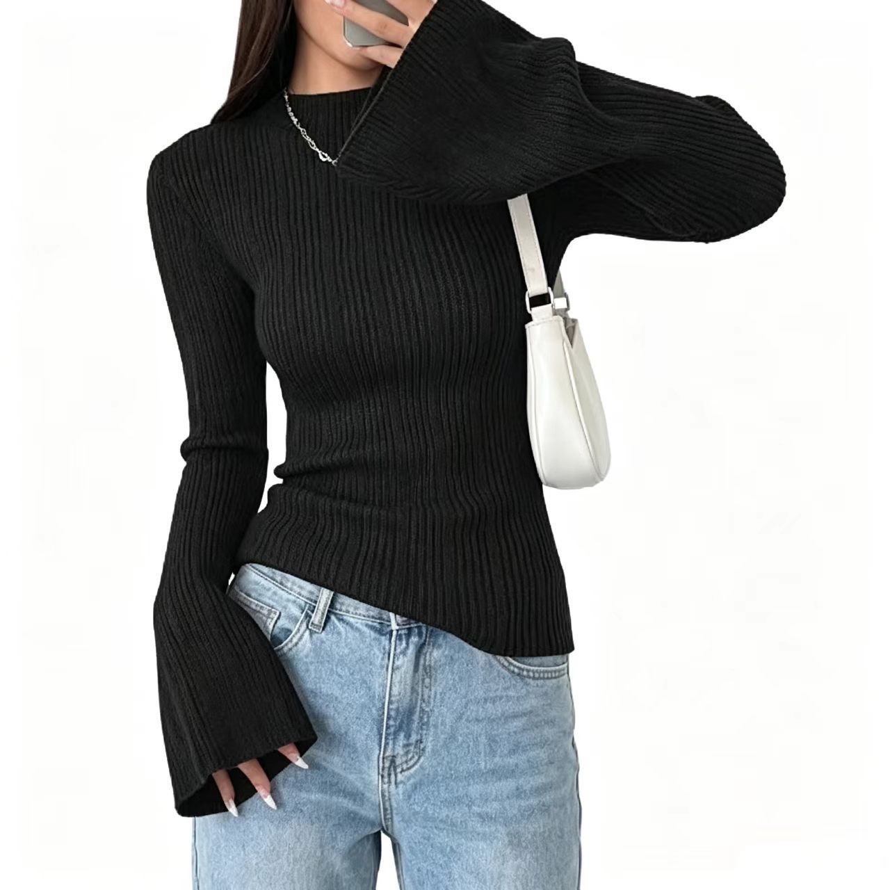 Half Turtleneck Ribbed Flare-Sleeve Knit Top Women Slim Fit Long Sleeve